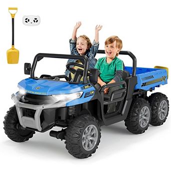 24V Kids Electric Dump Truck, 2 Seater 4WD Ride On Car with Lift Bed, Shovel, LED, Music