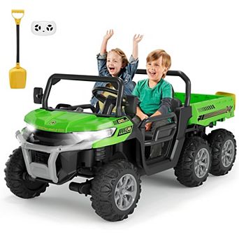 24V Kids Electric Dump Truck, 2 Seater 4WD Ride On Car with Lift Bed, Shovel, LED, Music
