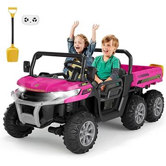 24V Kids Electric Dump Truck, 2 Seater 4WD Ride On Car with Lift Bed, Shovel, LED, Music
