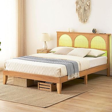 Wooden Bed Frame with Headboard and Natural Rattan, Boho Bed Frame with LED Lights and Storage