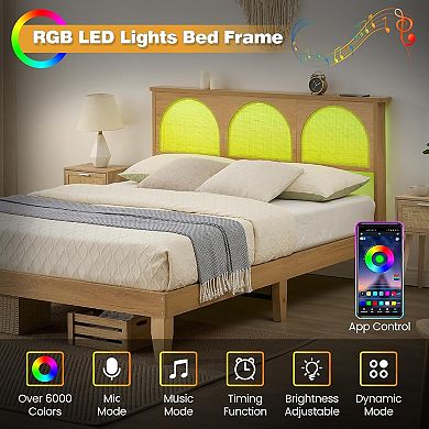 Wooden Bed Frame with Headboard and Natural Rattan, Boho Bed Frame with LED Lights and Storage