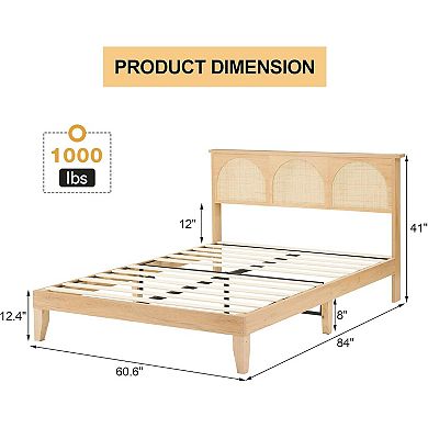 Wooden Bed Frame with Headboard and Natural Rattan, Boho Bed Frame with LED Lights and Storage