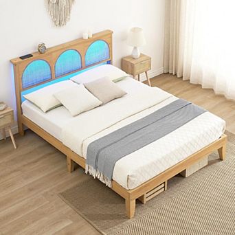 Wooden Bed Frame with Headboard and Natural Rattan, Boho Bed Frame with LED Lights and Storage