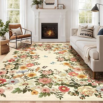 Rugs for Living Room, Washable Floral Area Rug Non Slip Soft, Low Pile Ultra-Thin Carpet