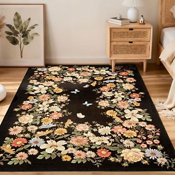 Rugs for Living Room, Washable Floral Area Rug Non Slip Soft, Low Pile Ultra-Thin Carpet