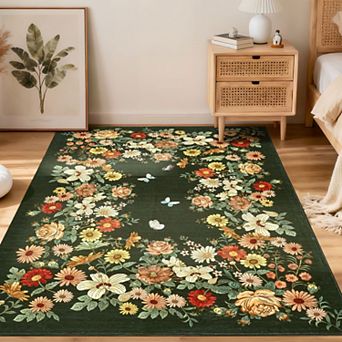Rugs for Living Room, Washable Floral Area Rug Non Slip Soft, Low Pile Ultra-Thin Carpet