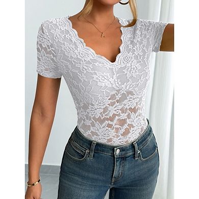 Women's Casual Solid Color Lace V Neck Tunic Top Short Sleeve Lace Base Sheer Tunic Shirt