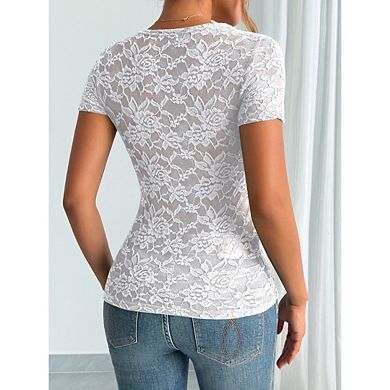 Women's Casual Solid Color Lace V Neck Tunic Top Short Sleeve Lace Base Sheer Tunic Shirt