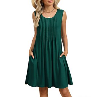 Women's Sleeveless Pleated Swing Dress with Pockets Round Neck Casual Summer Dress