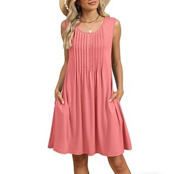 Women's Sleeveless Pleated Swing Dress with Pockets Round Neck Casual Summer Dress