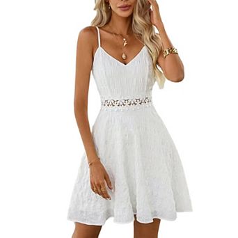 Women's V Neck Lace Waist Fit and Flare Mini Dress Adjustable Spaghetti Strap Casual Summer Dress