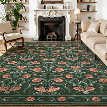 Area Rug for Living Room, Floral Modern Washable Rugs, Non-Slip Low-Pile Soft Floor Carpet