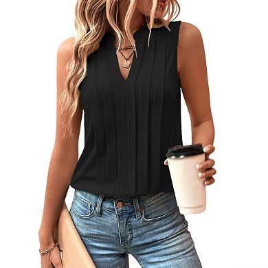 Women's Sleeveless Pleated Blouse Split V Neck Casual Summer Top