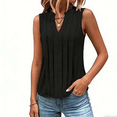 Women's Sleeveless Pleated Blouse Split V Neck Casual Summer Top