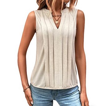 Women's Sleeveless Pleated Blouse Split V Neck Casual Summer Top