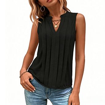 Women's Sleeveless Pleated Blouse Split V Neck Casual Summer Top