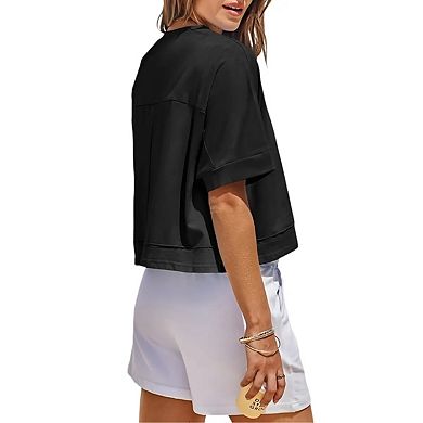 Womens Oversized Crop Tops Workout Short Sleeve Summer Casual Loose Fit Basic T Shirts with Pockets