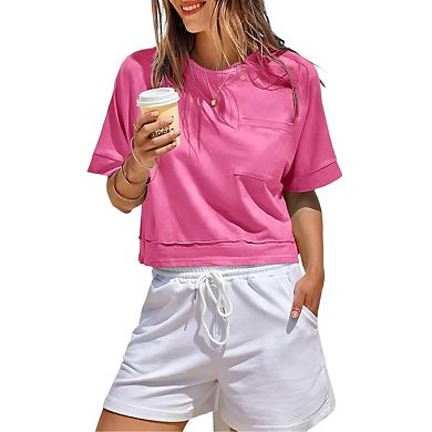 Womens Oversized Crop Tops Workout Short Sleeve Summer Casual Loose Fit Basic T Shirts with Pockets