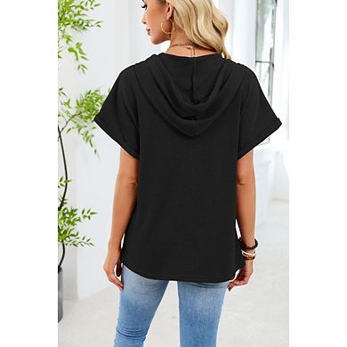 Womens Waffle Knit Hooded Top Short Sleeve Lightweight Drawstring Hoodies Button V Neck Shirts