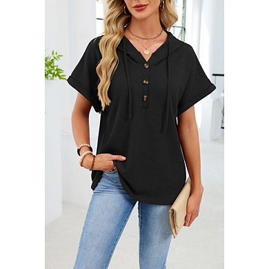 Womens Waffle Knit Hooded Top Short Sleeve Lightweight Drawstring Hoodies Button V Neck Shirts