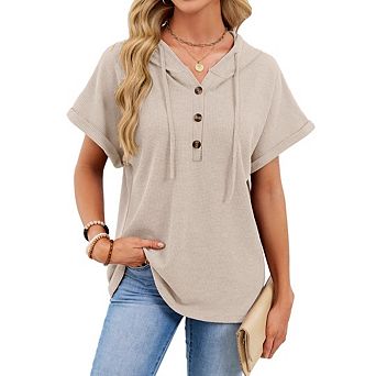 Womens Waffle Knit Hooded Top Short Sleeve Lightweight Drawstring Hoodies Button V Neck Shirts