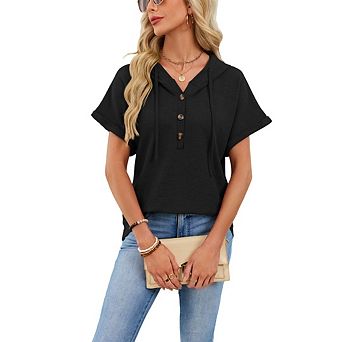 Womens Waffle Knit Hooded Top Short Sleeve Lightweight Drawstring Hoodies Button V Neck Shirts