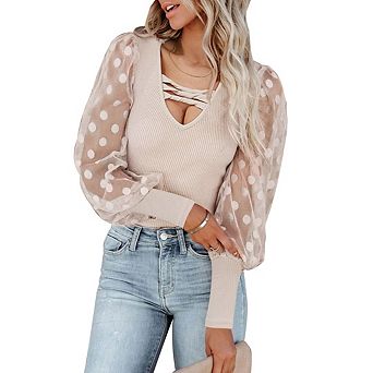 Women's Casual Long Sleeve Ribbed Shirt Cut Out Deep V Neck Polka Dot Balloon Slim Knit Bodysuit Top