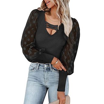 Women's Casual Long Sleeve Ribbed Shirt Cut Out Deep V Neck Polka Dot Balloon Slim Knit Bodysuit Top