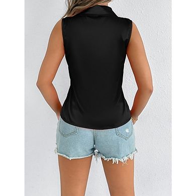Women's Sleeveless Tops Button Down Shirts Blouses Casual Loose V Neck Solid Color Tank Top