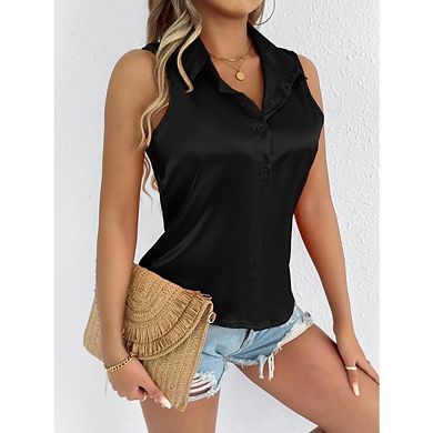 Women's Sleeveless Tops Button Down Shirts Blouses Casual Loose V Neck Solid Color Tank Top