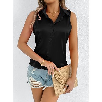 Women's Sleeveless Tops Button Down Shirts Blouses Casual Loose V Neck Solid Color Tank Top