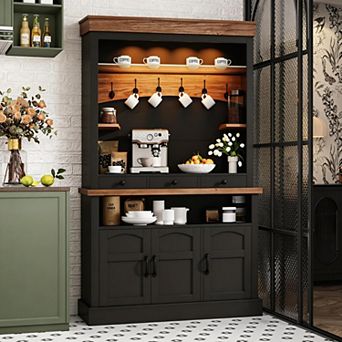 72 Inch Tall Coffee Bar Cabinet, Coffee Nook Station with Led Lights, 6 Hooks, Drawers and Cabinets