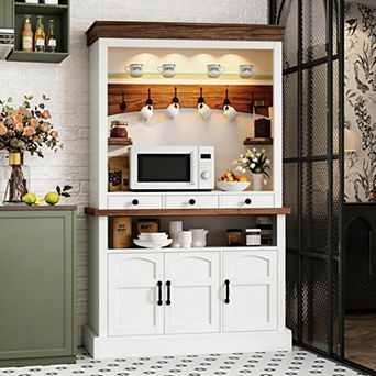 72 Inch Tall Coffee Bar Cabinet, Coffee Nook Station with Led Lights, 6 Hooks, Drawers and Cabinets