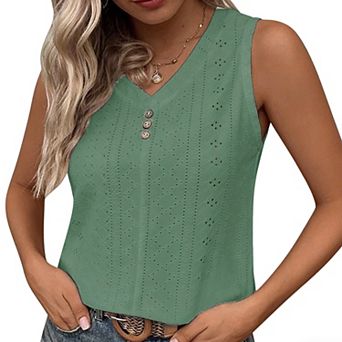 Women's Casual V Neck Sleeveless Tank Top Summer Button Detail Hollow Out Blouse