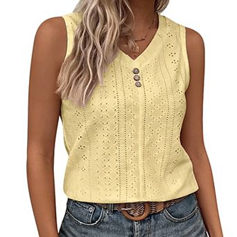 Women's Casual V Neck Sleeveless Tank Top Summer Button Detail Hollow Out Blouse