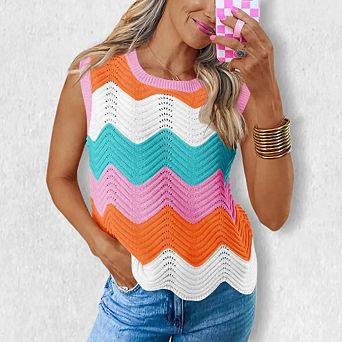 Womens Summer Sweater Tank Top Sleeveless Rainbow Striped Knit Crew Neck Color Block Going Out Vest