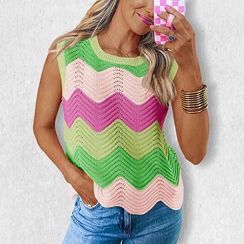 Womens Summer Sweater Tank Top Sleeveless Rainbow Striped Knit Crew Neck Color Block Going Out Vest