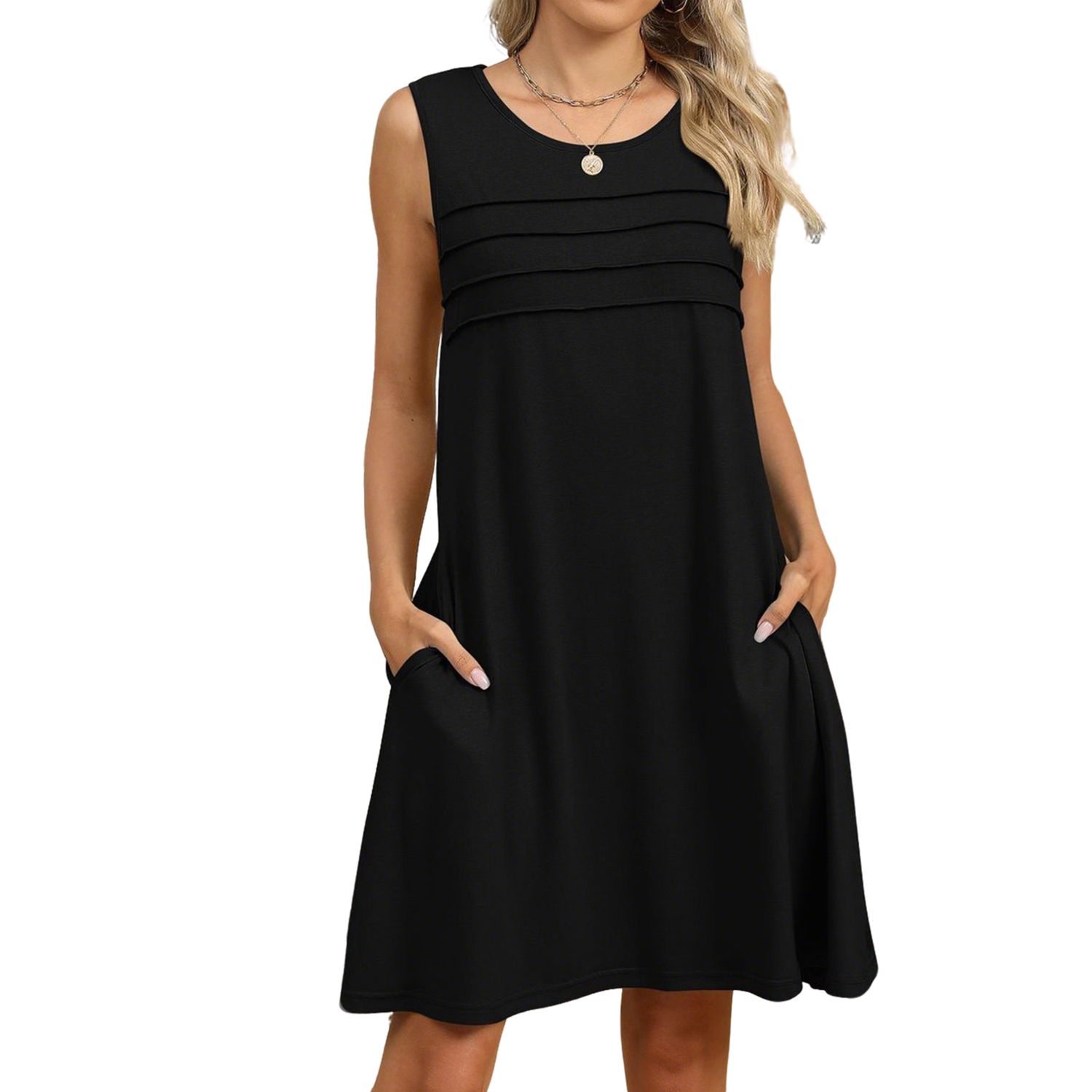 Женские платья Sleeveless Pleated Swing Dress with Pockets Round Neck Casual Summer Dress