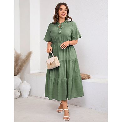 Women's Rayon Plus Size Short Sleeve Midi Pleated Dresses with Pockets for Wedding Guest