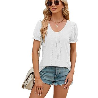 Women Casual Eyelet Blouse Trendy Ruffle Trim Puff Short Sleeve Shirts Fashion V Neck Tunic Blouses