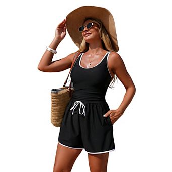 Women's Sleeveless One Piece Swim Romper with Drawstring Waist Pockets Bathing Suit