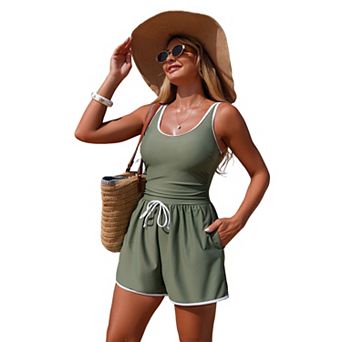 Women's Sleeveless One Piece Swim Romper with Drawstring Waist Pockets Bathing Suit