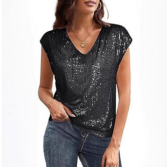 Women's V Neck Sequin Short Sleeve Tops for Women Fashion Slim Fit Sparkly Tank Top for Party