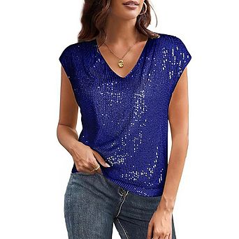 Women's V Neck Sequin Short Sleeve Tops for Women Fashion Slim Fit Sparkly Tank Top for Party