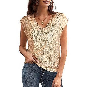 Women's V Neck Sequin Short Sleeve Tops for Women Fashion Slim Fit Sparkly Tank Top for Party