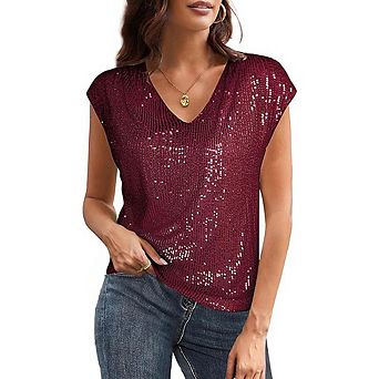 Women's V Neck Sequin Short Sleeve Tops for Women Fashion Slim Fit Sparkly Tank Top for Party