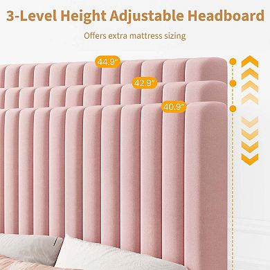 Upholstered Platform Velvet Bed Frame with Headboard,Strong Wooden Slats Support