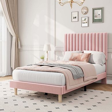 Upholstered Platform Velvet Bed Frame with Headboard,Strong Wooden Slats Support