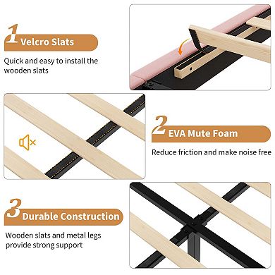 Upholstered Platform Velvet Bed Frame with Headboard,Strong Wooden Slats Support