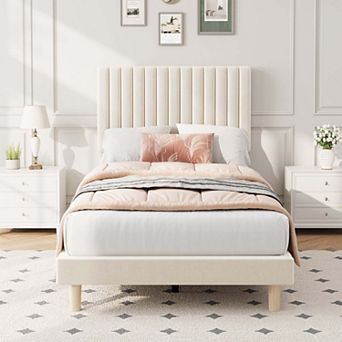 Upholstered Platform Velvet Bed Frame with Headboard,Strong Wooden Slats Support